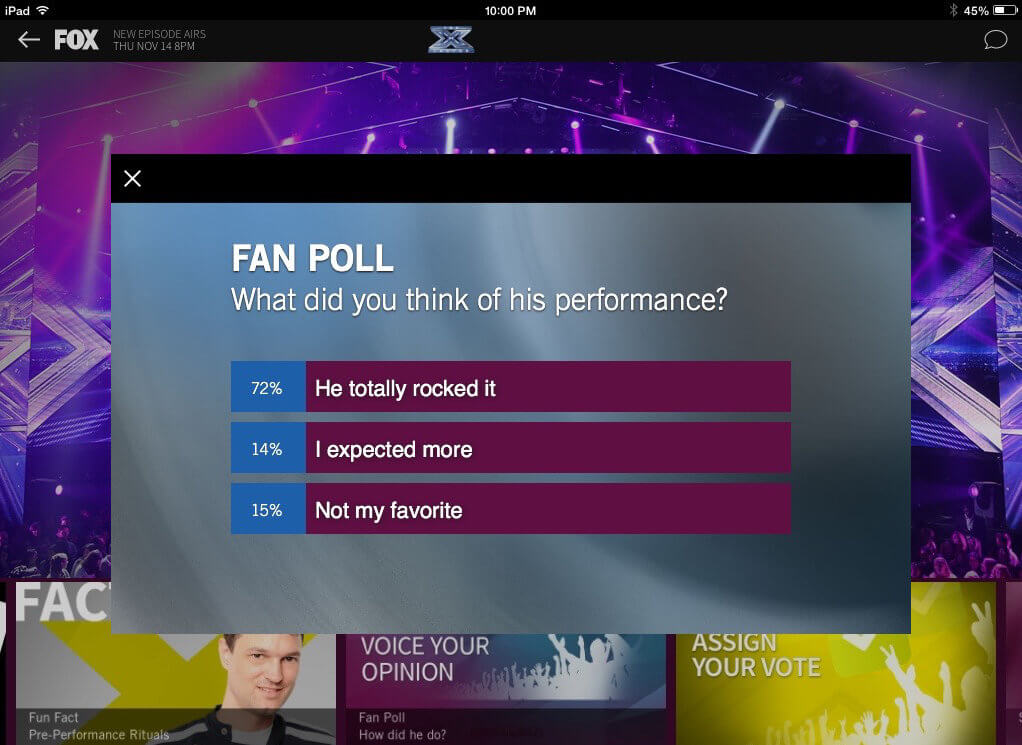 A fan poll example showing live in app voting capability.
