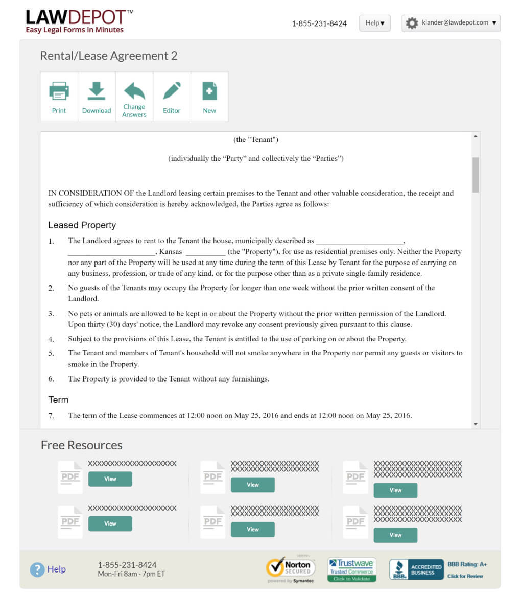 Example mockup of lease agreement with free resources section at the bottom of the page.