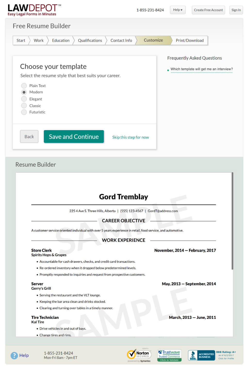 Mockup of a resume builder template selection page.